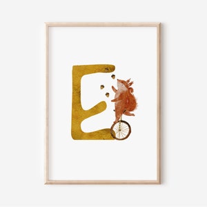 Buchstaben Poster | Buchstabe E - Eichhörnchen auf Einrad| A4 A3 | Namensbild Kinderbild Geschenk Geburt Baby Kita Kinderposter Spielzimmer
