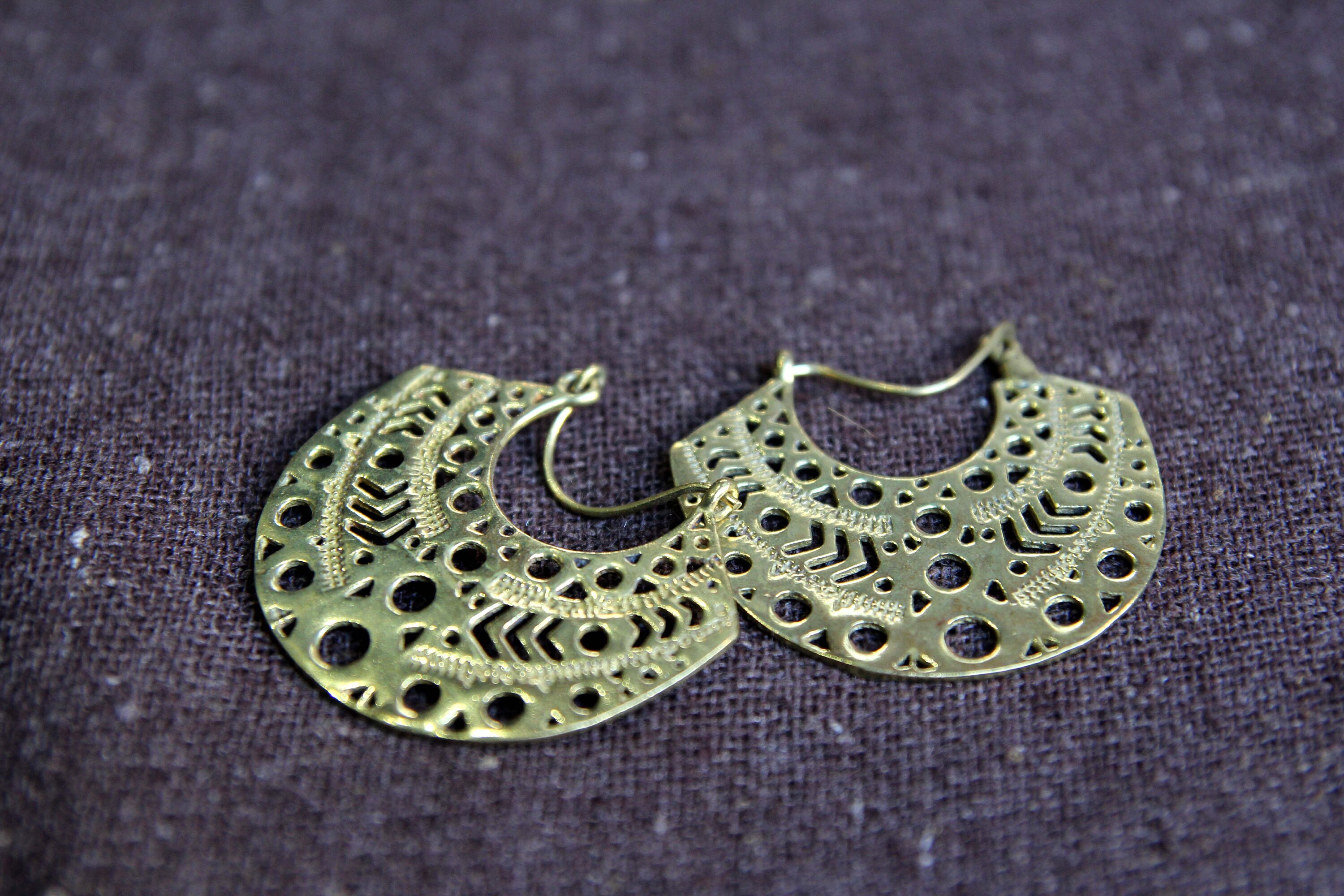 Tribal Mexican Earrings Gold Fan Earrings Brass Hoop Etsy