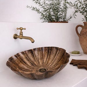 Luxury Scallop Shell Copper Sink, Hand Hammered Aged Bronze Vessel, Nautical Artisan Bathroom Sink