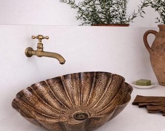 Hand Hammered Brass Shell Vessel Sink | Rustic Oval Bathroom Vanity Basin