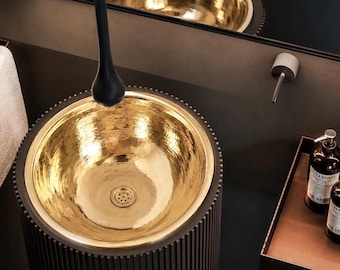 Lavabo rotondo in ottone dorato – Lavabo da bagno di lusso artigianale martellato a mano, 42 cm