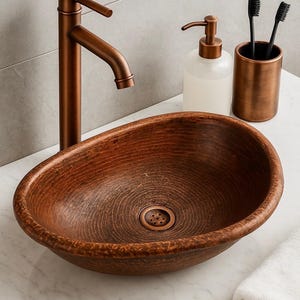 Hand Hammered Solid Copper Sink - Oval Unlacquered Basin - Bathroom Sink