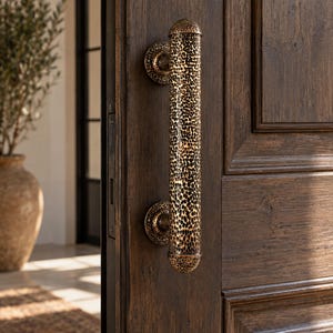 May include: A cylindrical door handle with a dark, hammered metal finish featuring a textured, speckled pattern. The handle is mounted vertically onto a dark brown wooden door with a paneled design, secured by two circular matching metal plates.