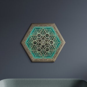 Wall Art Sacred Geometry Led Lamp &quot;Gaya&quot;, with Remote Control. Led Mandala. Large wood wall art