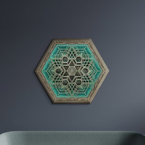 Wand Kunst Heilige Geometrie Led Lampe "Gaya", mit Fernbedienung. Geführtes Mandala. Großes Wandbild aus Holz