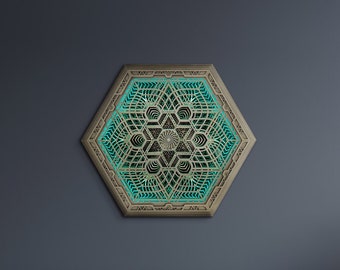 Wall Art Sacred Geometry Led Lamp "Gaya", with Remote Control. Led Mandala. Large wood wall art