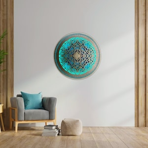 ランプ「エンセオゲン」、高さ88cm/34インチ。LEDウォールアート、神聖幾何学模様。シピボ族の装飾品。