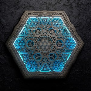 Wall Art Sacred Geometry Led Lamp &quot;Navi&quot;, with Remote Control. 67cm x 59cm