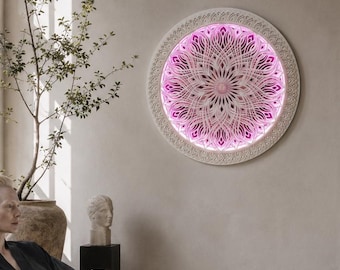 Boho modern wall art. Glowing LED Lamp "Celestia". Floral pattern art. With an addressable or standard LED RGB strip.