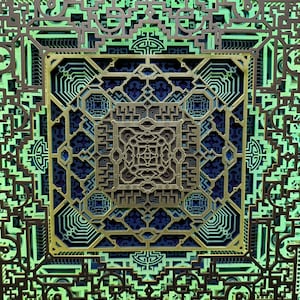 Pu&ograve; includere: Un'opera d'arte geometrica a strati con intricati motivi ritagliati. Il design presenta un quadrato centrale con un design simmetrico complesso in oro, blu e grigio, circondato da strati di forme verdi e marrone scuro. L'effetto complessivo &egrave; un'opera d'arte dettagliata e tridimensionale.