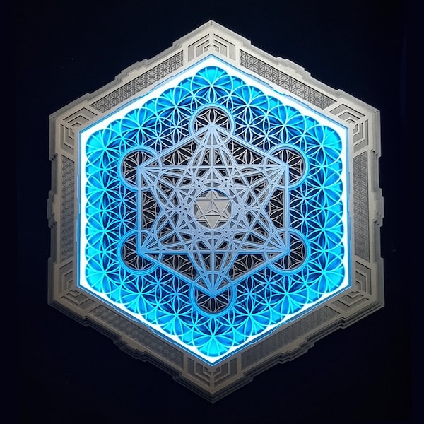 Art mural, 67 ou 56 cm, lampe LED à géométrie sacrée « Merkaba ». Mandala LED avec télécommande.