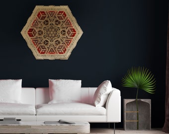Wall Art, Led Lamp "Navi", 80 x 69cm, Hexagonal Wooden Mandala Sacred Geometry Meditation Wall light Decoration for home, studio