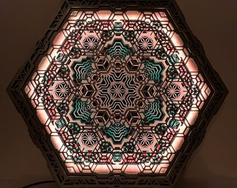 Wall Art Sacred Geometry Lamp "Vega",LED Lamp with Remote Control, Hexagonal Wooden Mandala Meditation Decoration for home. 67cm x 59cm