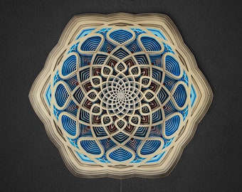 Wall Art 56x51cm Sacred Geometry Led Lamp "Vidya", with Remote Control Wall Art Deco Hexagonal Wooden Mandala Sacred Geometry Meditation