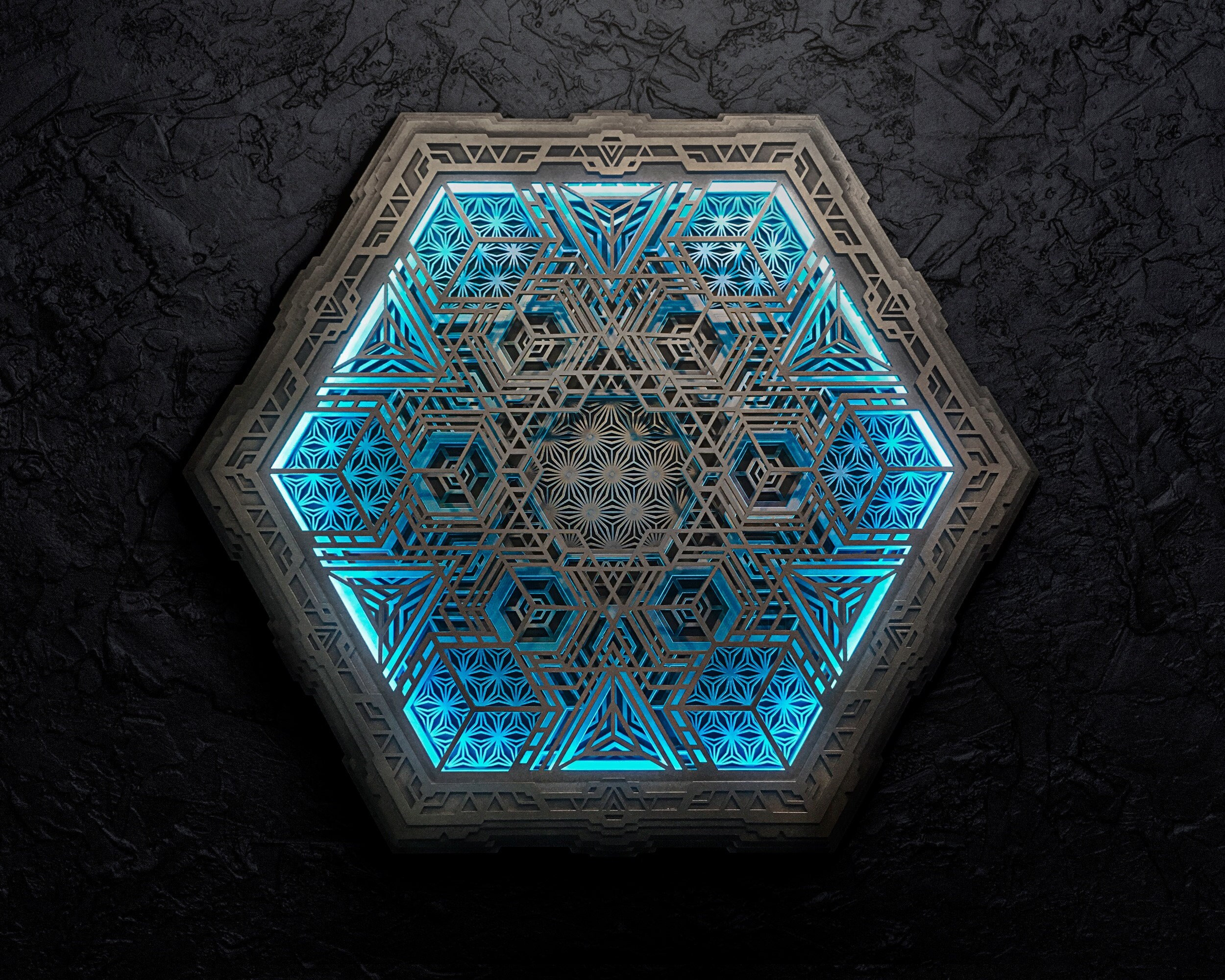 Wall Art Sacred Geometry Led Lamp "Navi", with Remote Control. 67cm x 59cm