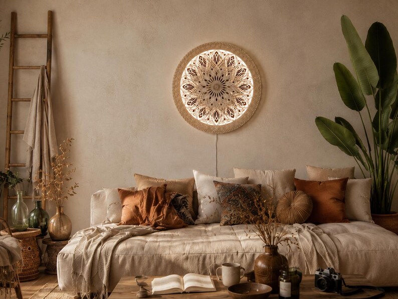 May include: A circular wall-mounted light fixture featuring an intricate, laser-cut mandala pattern in a light wood finish. The design is backlit, emitting a warm, soft glow through the detailed geometric cutouts, creating a decorative focal point.