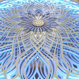 May include: A circular wall art piece featuring intricate, multi-layered laser-cut wood panels arranged in a symmetrical mandala pattern. The design is illuminated from behind with a bright blue light, highlighting the depth and geometric cutouts.