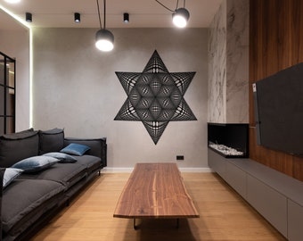Wall decorative panels Black Star- My Magen. Star of David. Wood panel interior DIY geometric Optical Art Op Art Sacred Geometry Psy