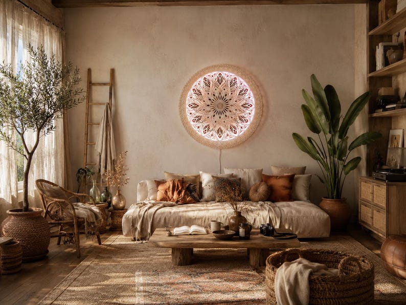 May include: A circular wall-mounted light fixture featuring an intricate, laser-cut wooden mandala design with a warm, glowing backlight. The piece is mounted on a textured beige wall above a low-profile sofa, serving as a decorative focal point.