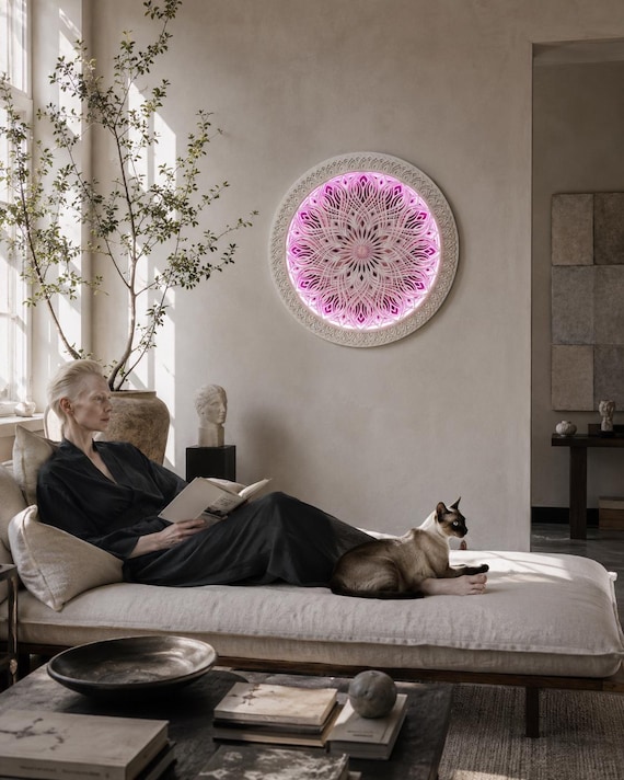 Boho modern wall art. Glowing LED Lamp "Celestia". Floral pattern art. With an addressable or standard LED RGB strip.