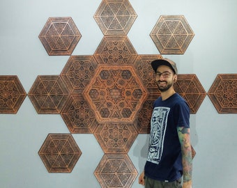 Set of hexagonal multilayer wooden panels "Modular". Wall decorative panels.