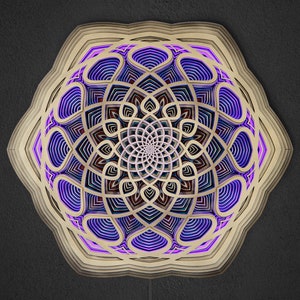 Wall Art 62x56cm Sacred Geometry Led Lamp &quot;Vidya&quot;, with Remote Control Wall Art Deco Hexagonal Wooden Mandala Sacred Geometry Meditation