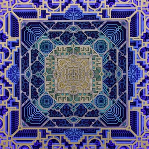 Pu&ograve; includere: Un'opera d'arte a strati con un design geometrico. L'opera presenta motivi intricati nelle tonalit&agrave; del blu, del verde acqua e dell'oro. Il design &egrave; simmetrico, con un quadrato centrale e forme ripetute. L'opera ha un effetto tridimensionale.