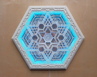 Wall Art Sacred Geometry Led Lamp " White Gaya", with Remote Control. Led Mandala. Large wood wall art