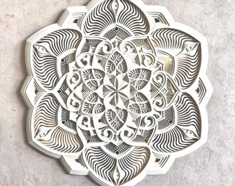 Wall Art, Sacred Geometry Flower, “Awakening" Mandala (90cm), White or Pink Color Option, Layered Wooden Decor