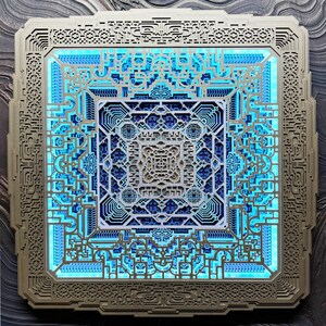 Pu&ograve; includere: Un'opera d'arte murale quadrata a strati con intricati motivi geometrici. L'opera presenta una cornice grigio chiaro e un design centrale nei toni del blu e del bianco, illuminato da una morbida luce blu. Il design ha un effetto a strati, creando profondit&agrave;.