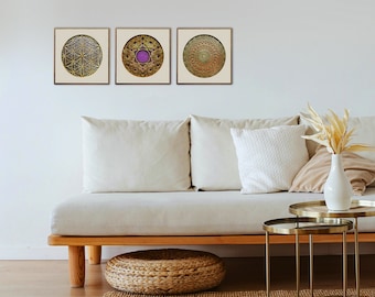 Set of three framed mandalas. Triptych. Sacred geometry wall art.