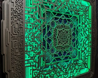 Wall Art Sacred Geometry Led Lamp "Phantom" Gold, with smart LED RGB strip.