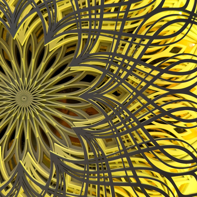 May include: A multi-layered wall art piece featuring a circular mandala pattern with intricate cutouts. The design consists of alternating layers of bright yellow and matte black materials, creating a deep, dimensional, and geometric floral effect.