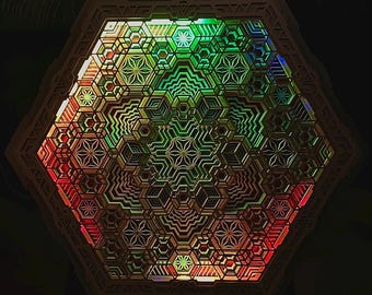 Wall Art Sacred Geometry Lamp "Vega", LED Lamp. Hexagonal Wooden Mandala Meditation Decoration for home. 67cm x 59cm