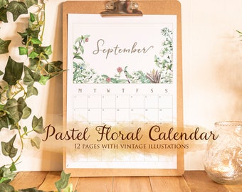 2020 Pastel Floral Calendar | 12 Pages with Vintage Illustrations | Botanical Monthly Calendar | Printable Minimal design | INSTANT DOWNLOAD