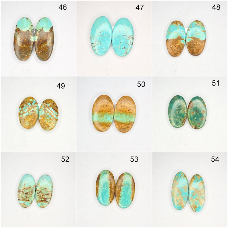 May include: A collection of oval-shaped turquoise gemstones with brown matrix patterns. The stones vary in color, from solid turquoise to combinations of brown and turquoise. Each pair of stones is displayed against a white background.