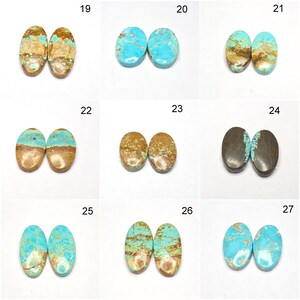 May include: A collection of oval-shaped turquoise gemstones, each pair showcasing unique patterns and colors. The stones range from vibrant blues to earthy browns, with variations in veining and texture. Ideal for jewelry making or gemstone collecting.