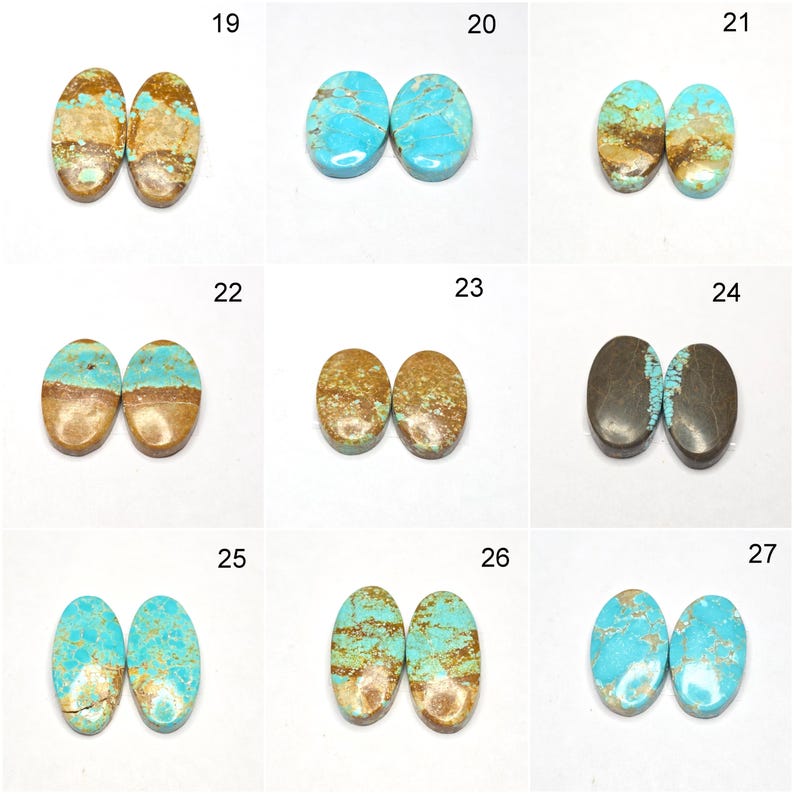 May include: A collection of oval-shaped turquoise gemstones, each pair showcasing unique patterns and colors. The stones range from vibrant blues to earthy browns, with variations in veining and texture. Ideal for jewelry making or gemstone collecting.