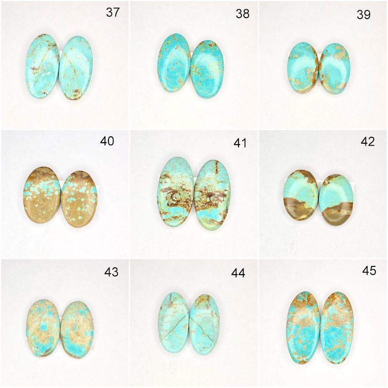 May include: A collection of oval-shaped turquoise gemstones, each paired, showcasing variations in color and matrix patterns. The stones range from solid turquoise to those with brown and tan inclusions, suitable for jewelry making.