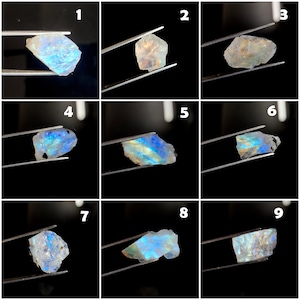 May include: Nine raw moonstone specimens, each held by tweezers against a black background. The stones display a range of colors, including blue, white, and yellow, with iridescent flashes. The rough-cut stones vary in size and shape.