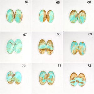 May include: Nine pairs of oval-shaped turquoise gemstones with brown matrix patterns. Each pair is displayed side-by-side, showcasing variations in color and veining. The gemstones are numbered 64 through 72.