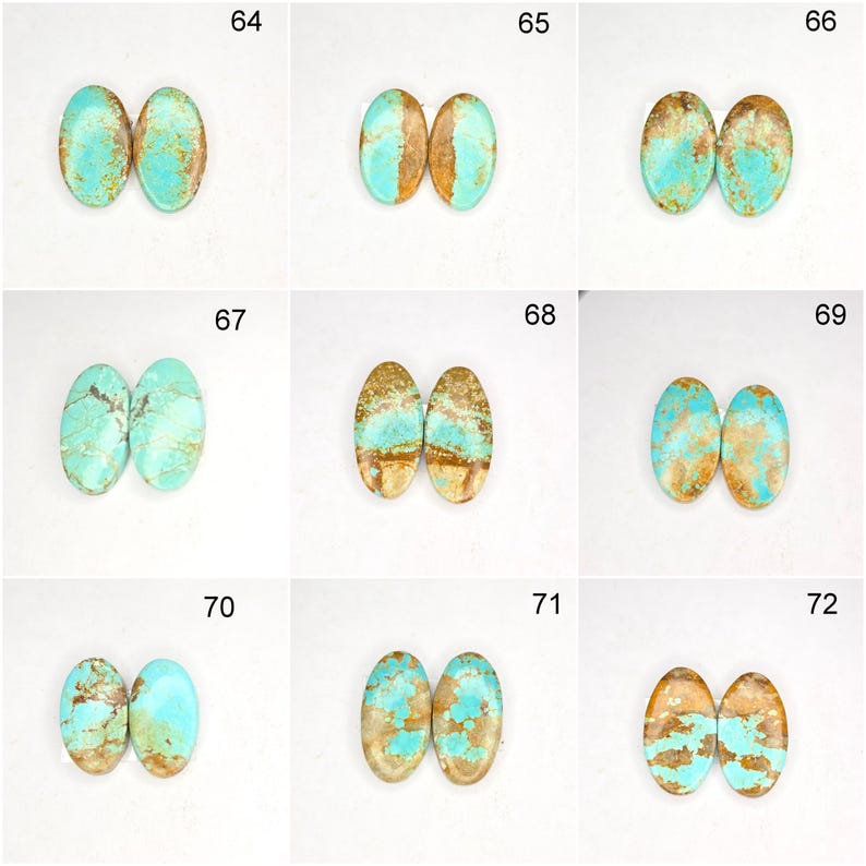 May include: Nine pairs of oval-shaped turquoise gemstones with brown matrix patterns. Each pair is displayed side-by-side, showcasing variations in color and veining. The gemstones are numbered 64 through 72.
