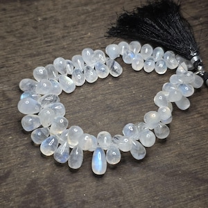 May include: A necklace of pear-shaped moonstone beads. The beads are a pale, milky white with a blue sheen. A black tassel is attached to the end of the strand. The beads are displayed on a dark wood surface.