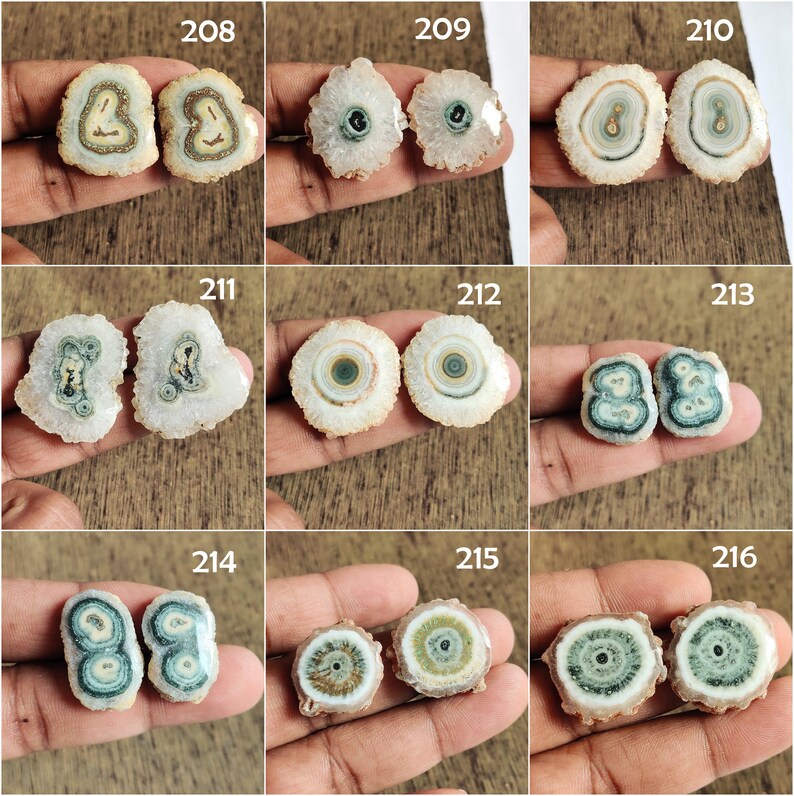 May include: Nine pairs of agate slices with various patterns of green, brown, and white. The agate slices are approximately 1 inch in diameter.