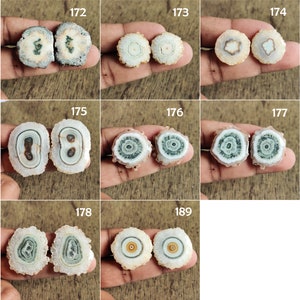 May include: Set of two agate slices with a white, green, and brown pattern. The agate slices are polished and have a smooth surface.