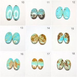 May include: A collection of turquoise gemstone cabochons in various shades of blue and brown. Each pair of stones is oval-shaped, showcasing unique patterns and textures. Ideal for jewelry making or crafting.