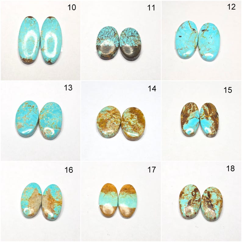 May include: A collection of turquoise gemstone cabochons in various shades of blue and brown. Each pair of stones is oval-shaped, showcasing unique patterns and textures. Ideal for jewelry making or crafting.