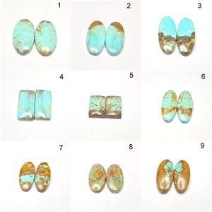 May include: A collection of nine pairs of turquoise gemstones, each with unique patterns and colors. The stones vary in shape, including oval and rectangular cuts. The turquoise hues range from light to medium blue, with brown matrix veining.