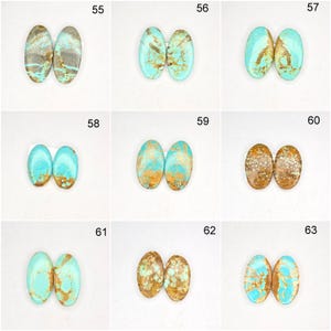 May include: A collection of oval-shaped turquoise gemstones, each paired, showcasing variations in color and veining. The stones range from light blue to brown, with intricate patterns. The image is well-lit, highlighting the natural beauty of the stones.