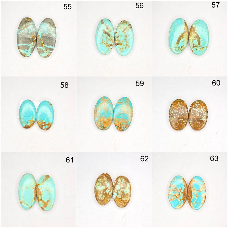 May include: A collection of oval-shaped turquoise gemstones, each paired, showcasing variations in color and veining. The stones range from light blue to brown, with intricate patterns. The image is well-lit, highlighting the natural beauty of the stones.